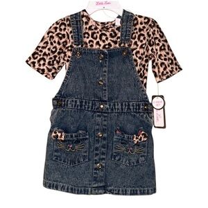Little Lass Kitten Denim Leopard 2-Piece Skirt Overall Set